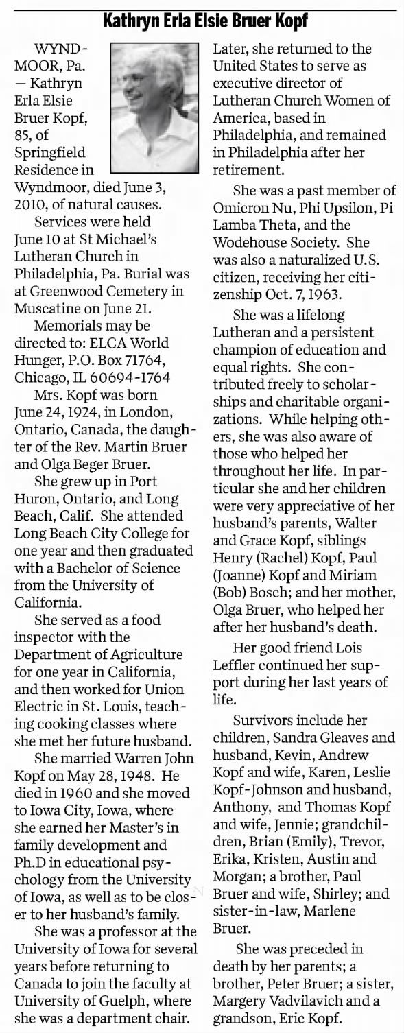 Obituary for Kathryn Erla Elsie Erla, 1924-2010 (Aged 85)